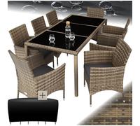 tectake® Conjunto Jardín Exterior de Ratán y Acero con Cojines, Muebles Jardín Exterior Resistentes a Intemperie, para hasta 8 Personas, Fácil Limpieza, 2 Fundas - Natural/Gris