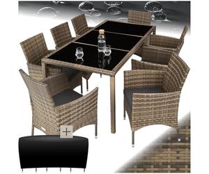 tectake® Conjunto Jardín Exterior de Ratán y Acero con Cojines, Muebles Jardín Exterior Resistentes a Intemperie, para hasta 8 Personas, Fácil Limpieza, 2 Fundas - Natural/Gris