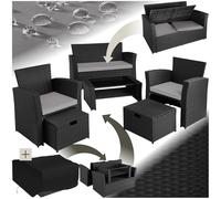 tectake® Conjunto Jardín Exterior de Ratán y Acero, Diseño Arqueado, Muebles Jardín Exterior Resistente a la Intemperie, 2 Sillones, 2 Taburetes, 1 Mesa con Cristal, con Cojines y Funda - Negro/Gris