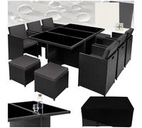 tectake® Conjunto Jardín Exterior de Ratán y Aluminio, Muebles Jardín Exterior Resistentes a la Intemperie, para hasta 10 Personas, con 2 Juegos de Fundas y Funda Protectora - Negro
