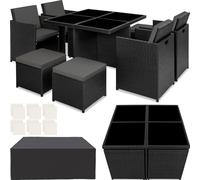 tectake® Conjunto Jardín Exterior de Ratán y Aluminio, Muebles Jardín Exterior Resistentes a la Intemperie, para hasta 8 Personas, con 2 Juegos de Fundas y Funda Protectora - Negro