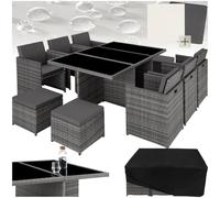 tectake® Conjunto Jardín Exterior de Ratán y Aluminio, Muebles Jardín Exterior Resistentes a la Intemperie, para hasta 10 Personas, con 2 Juegos de Fundas y Funda Protectora - Gris