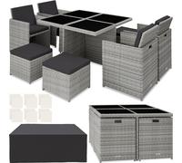 tectake® Conjunto Jardín Exterior de Ratán y Aluminio, Muebles Jardín Exterior Resistentes a la Intemperie, para hasta 8 Personas, con 2 Juegos de Fundas y Funda Protectora - Gris Claro