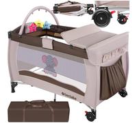 tectake® Cuna Bebe Plegable y Ajustable, Parque Infantil con Corralito y Bolsa de Transporte, Cama Infantil Portátil, Corral para Bebe - 132 x 75 x 104 cm Diseño Elefante Marrón