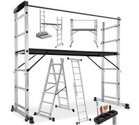 tectake® Escalera Plegable Aluminio, Escalera Telescópica Multiusos 4 en 1: Escalera Extensible, Escalera de Tijera, Andamio Simple, Andamio para Desniveles, con Ruedas, Estable, Carga MAX. 150 kg