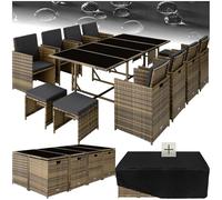 tectake® Juego de Muebles de Jardín en Ratán, Conjunto Comedor para Jardín Exterior, 8 Sillas, 4 Taburetes, 1 Mesa, Set de Muebles de Mimbre para Terraza o Patio, con Cojines y Fundas- Natural