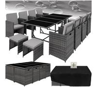 tectake® Juego de Muebles de Jardín en Ratán, Conjunto Comedor para Jardín Exterior, 8 Sillas, 4 Taburetes, 1 Mesa, Set de Muebles de Mimbre para Terraza o Patio, con Cojines y Fundas- Gris Claro