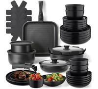 tectake® Juego de Vajilla para Cocina, Vajilla Ceramica para 6 personas, Apto Microondas y Lavavajillas, Juego de Ollas y Sartenes Antiadherentes, Apto Inducción - 24 Piezas Negro