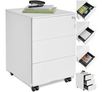 tectake® Robusta Cajonera Escritorio, Acero con Recubrimiento en Polvo, Tres Cajones DIN A4, Cajonera Oficina, Cierre Centralizado, Cajoneras con Ruedas Giratorias - 55x45x39cm Blanco