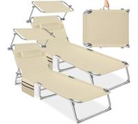 tectake®️ Set 2 Tumbonas 190x68x111 cm, Plegables, Ajustables 4 Posiciones, Resistentes Intemperie, Transpirables, con Toldo, Reposacabezas, Bolsillo Lateral y Asa Transporte; Tumbonas Jardín - Beige