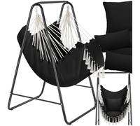 tectake® Silla Colgante Boho, Estructura De Acero, Borlas Decorativas, Cojines Gruesos, Bolsillo Lateral, Interior Y Exterior, Hamaca Sillón Colgante para Jardín, Terraza, Salón, Dormitorio - Negro