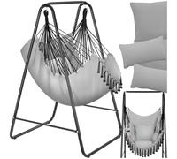 tectake® Silla Colgante Boho, Estructura De Acero, Borlas Decorativas, Cojines Gruesos, Bolsillo Lateral, Interior Y Exterior, Hamaca Sillón Colgante para Jardín, Terraza, Salón, Dormitorio - Gris