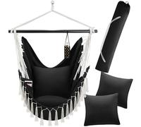 tectake® Silla Colgante Estilo Bohemio, Interior y Exterior, Cojines Extra Gruesos, con Compartimento y Posavasos, Carga 150kg, In olsa Transporte, Columpio Jardín, Hamaca, Sillón Balancín - negro