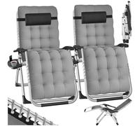 tectake® Silla Tumbona Plegable para Playa y Jardín, Cojín Cabezal Extraíble, Estructura de Acero, Mesa Auxiliar, Ideal para Camping y Picnic, Silla Exterior Terraza - 2 Tumbonas Gris Claro