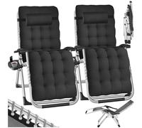 tectake® Silla Tumbona Plegable para Playa y Jardín, Cojín Cabezal Extraíble, Estructura de Acero, Mesa Auxiliar, Ideal para Camping y Picnic, Silla Exterior Terraza - 2 Tumbonas Negro
