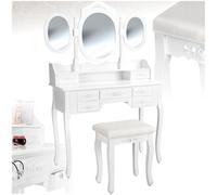 tectake® Tocador de Maquillaje con Taburete Madera, 3 Espejos Ovalados, 7 Cajones Espaciosos, Adornos de Rosas, Estilo Clásico, Elegante, Lacado en Blanco, Mujer, Espejo Tocador - Blanco