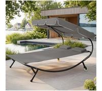 tectake® Tumbona Doble de Jardín, Tumbona de Playa con Parasol Plegable, Tumbonas de Piscina para Dos, para Jardín Exterior con 2 Ruedas y Cojines, Fácil Montaje, Interior y Exterior - Negro/Gris