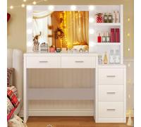 TEENFON 110cm Tocador de Maquillaje con Espejo Grande y Luces LED, Mesa de Maquillaje con 5 Cajones, 2 Estantes Abiertos, para Niñas, Blanco