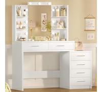 TEENFON Tocadorde Maquillaje, Mesa de Maquillaje con Luces y Espejo, Mesa de Maquillaje con 4 Estantes Abiertos, Blanco, Tocador con 6 Cajones