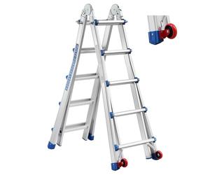 TEENO Escalera de Aluminio Multifunción 5.1 M| 5x5 Peldaños| Escalera Telescópica 5 en 1 con Desmontable Ruedas y Base Triangular Reforzada| Carga Máxima 150 kg