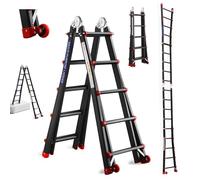 TEENO Escalera de Aluminio Multifunción 5.1 M, 5x5 Peldaños, Escalera Telescópica con 2 Desmontable Ruedas y Base Triangular Reforzada, Carga Máxima 150 kg, Negro