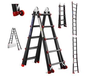 TEENO Escalera de Aluminio Multifunción 5.1 M, 5x5 Peldaños, Escalera Telescópica con 2 Desmontable Ruedas y Base Triangular Reforzada, Carga Máxima 150 kg, Negro
