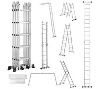 TEENO, escalera multifunción de 5.82 metros, con 4 secciones de 5 escalones cada una. Escalera de aluminio multifuncional 7 en 1, con 2 ruedas de transporte desmontables y 2 plataformas. Capacidad máx