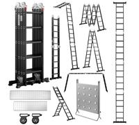 TEENO, escalera multifuncional 7 en 1, de 5,8 metros, con 4 secciones de 5 escalones cada una. Escalera plegable de aluminio con 2 plataformas, pies de goma, 2 ruedas desmontables y soporte de trabajo