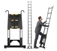 TEENO Escalera telescópica de Aluminio 6,2 m, Escalera Plegable Portátil Barra Estabilizadora y Ganchos Extraíbles, Refuerzo Triangular en la Parte Inferior, Negro, Capacidad 150 kg