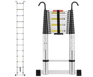TEENO Escalera Telescópica de Aluminio Extensible 5M, Escalera Plegable Telescópica, EN131 Multiusos Portátil Extensible con Barra Estabilizadora y Ganchos Extraíbles Adecuado, Carga 150 KG