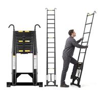 TEENO Escalera telescópica Plegable 4,4 m de Aluminio con Barra estabilizadora y Gancho extraíble, Carga máxima 150 kg