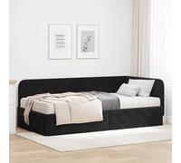 Teenpull Black Corner Bed Frame 90 x 200 cm Velvet upholstered, Reversible headboard, Plywood slatted Base, Space Saving L Shape Design for Bedroom, Indoor Use, One Person, Includes Mattress