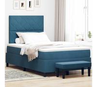 Teenpull Blue Box Spring Bed 120 x 200 cm Velvet Headboard Wooden Frame Medium Firm Mattress Bedroom Indoor Use, Support, Modern Style, Easy Care, Two Person Comfort