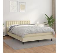 Teenpull Cama con somier de piel sintética con colchón de 140 x 190 cm, color crema, cabecero ajustable, colchón de muelles ensacados y protector de colchón hipoalergénico para un sueño reparador en