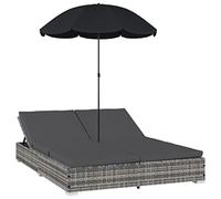 Teenpull Cama de jardín de polirratán gris con sombrilla, cama de jardín resistente a la intemperie para 2 personas, incluye 2 cojines acolchados, tumbona doble compacta para terraza, balcón, piscina