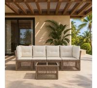 Teenpull Conjunto jardín 5 Piezas Beige ratán sintético con Mesa sofá rinconera Modular Cojines Desmontables Resistente para terraza Patio Ocio y Descanso al Aire Libre