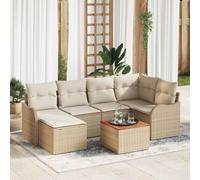 Teenpull Conjunto jardín 7 Piezas Beige ratán sintético Modular con Mesa Acacia para terraza Patio Exterior, sofá rinconera sillas y Cojines para Ocio y reuniones al Aire Libre
