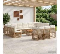 Teenpull Conjunto jardín Exterior 14 pcs sofá Modular de polirratán y Cojines de poliéster Natural Crema para terraza Patio Piscina con Mesa Centro Madera Acacia para Descanso y Ocio