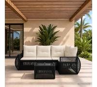 Teenpull Conjunto Jardin Mueble Exterior terraza Patio Comedor Sofa Modular rinconera Negro y Blanco Crema con Mesa Acero polirratán Resistente Cojines Desmontables para Descanso y Ocio al Aire Libre