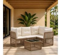 Teenpull Conjunto jardín ratán sintético Beige 5 Piezas con Mesa sofá rinconera Modular para terraza Patio balcón Comedor Ocio y Relax Resistente a la Intemperie