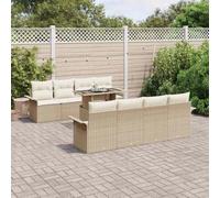 Teenpull Conjunto jardín sofá Modular 9 pcs Beige Rattan poliéster con Cojines Cremallera Mesa Vidrio para terraza Patio Exterior Comedor Ocio Descanso reunión