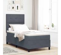 Teenpull Dark Gray Box Spring Bed 100 x 200 cm Velvet Upholstered Frame with Adjustable Headboard, Wooden Pine Structure, Medium Firm Mattress, Indoor Bedroom Support for Two, 280 kg MAX