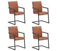 Teenpull Juego de 4 sillas de comedor de piel auténtica marrón, con reposabrazos, diseño retro, silla de cocina, silla tapizada, estructura de metal, 51 x 56 x 91 cm
