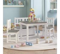 Teenpull Juego de 4 sillas para niños, tablero DM blanco y gris, con mesa de 60 x 50 x 48 cm, 2 sillas de 25 x 25 x 55 cm, baúl de 60 x 30 x 55 cm, juego de habitación infantil con espacio para juegos