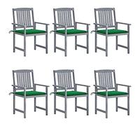 Teenpull Juego de 6 sillas de jardín de madera maciza de acacia gris, 61 x 57 x 92 cm, resistente a la intemperie, para terraza, balcón, comedor al aire libre, con cómodos cojines verdes
