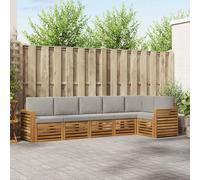 Teenpull Juego de 6 sofás esquineros de madera maciza de acacia natural y gris claro con conjunto de asientos, sofá, sillón, mesa y silla para salón, comedor, pasillo, oficina, salón, dormitorio