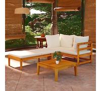 Teenpull Juego de Muebles de jardín 3 Piezas Madera Maciza de Acacia con Cojines Crema, sofá rinconera, Tumbona con reposabrazos Ajustable para terraza, Patio o balcón