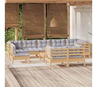 Teenpull Juego de Muebles de jardín Madera Maciza de Pino 10 Piezas con Cojines Grises para terraza, Patio y balcón, sofá Modular rinconera con Mesa y reposapiés para Descanso y Ocio al Aire Libre