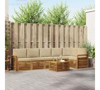 Teenpull Juego de sofá esquinero con cojín, 7 piezas, madera maciza de acacia, natural y beige, conjunto de muebles para salón, salón, sofá, mesa, banco, para jardín y terraza