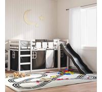 Teenpull Litera con tobogán y Cortinas en Blanco y Negro para Dormitorio Infantil y Juvenil Estructura de Madera de Pino Maciza con Base de láminas y Soporte para colchón de 90x200 cm Ideal para